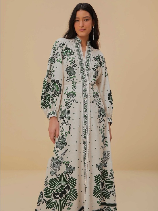 FARM Rio Dresses & Skirts - Farm Rio White Maxi Dress with Green Floral Print
